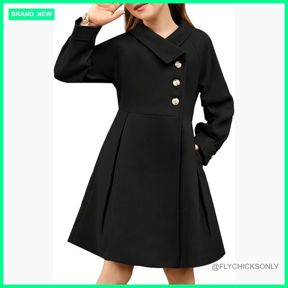 Girls Wool Lapel Long Button Jacket Peacoat with Pockets